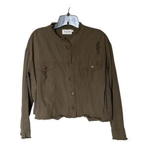 Denim by Ellison Army Green Cotton Distressed Cropped Utility Jacket Size Medium